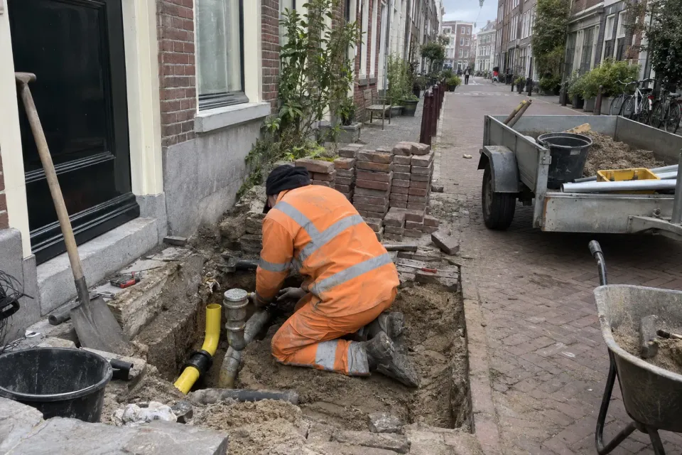 Monteur koppelt bij de gevel een oude gasaansluiting af in een smalle binnenstadstraat