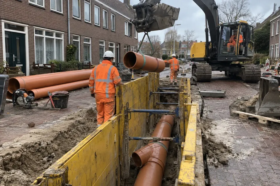 Nieuwe oranjebruine rioolbuis in een gestempelde sleuf midden in een woonstraat
